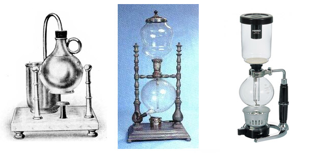 Zleva: The Napier Vacuum Machine, French Balloon Madame Vassieux, současný vacuum pot od firmy Hario 